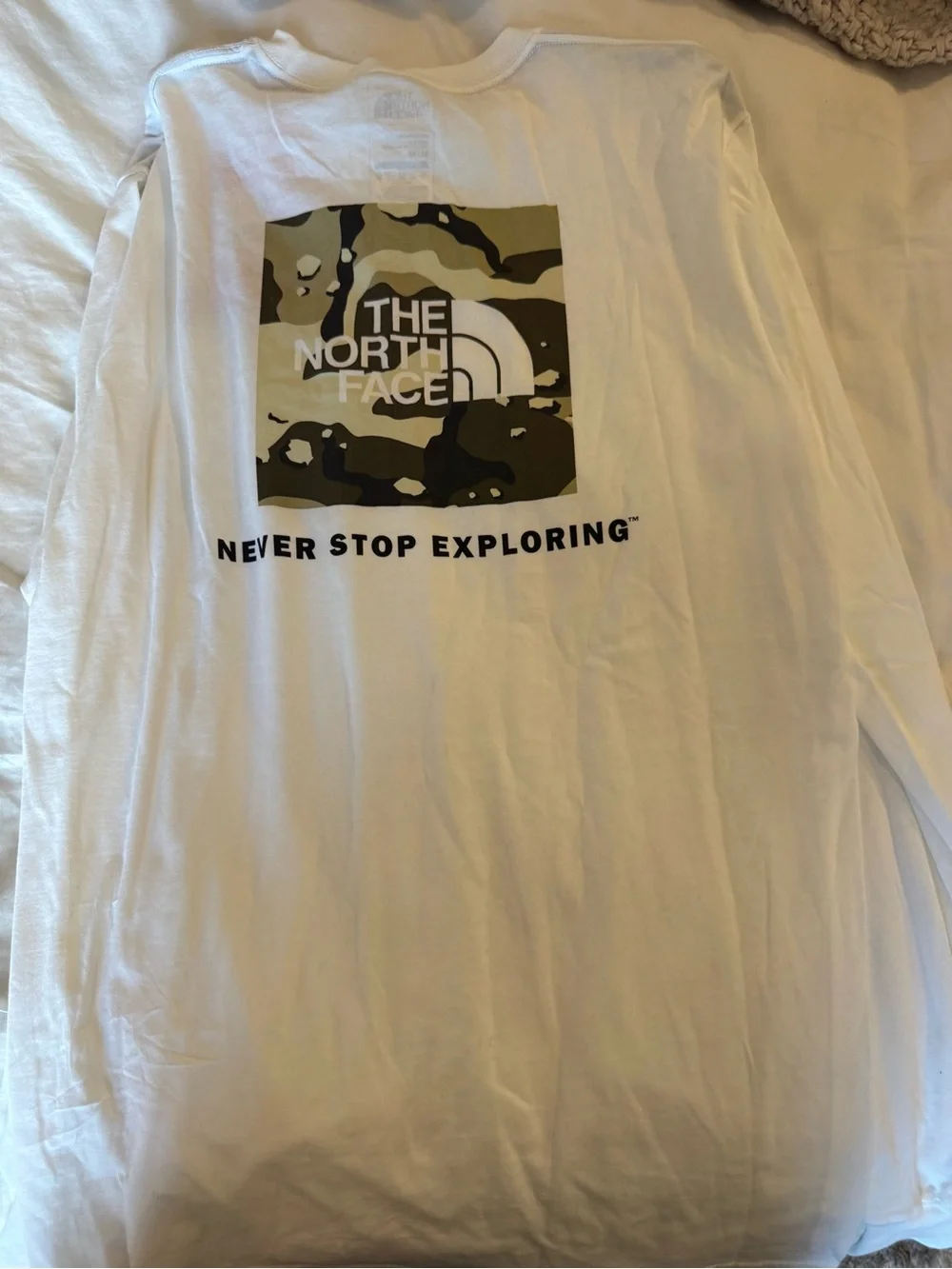 The North Face White Long Sleeve Tee with Olive Camo Logo